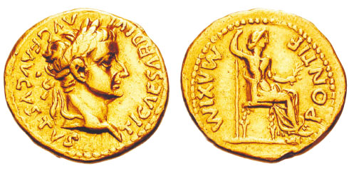 Aureus z wizerunkiem Tyberiusza, 14-37 rok n.e.
