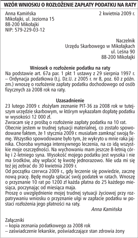 Wzór wniosku o rozłożenie zapłaty podatku na raty